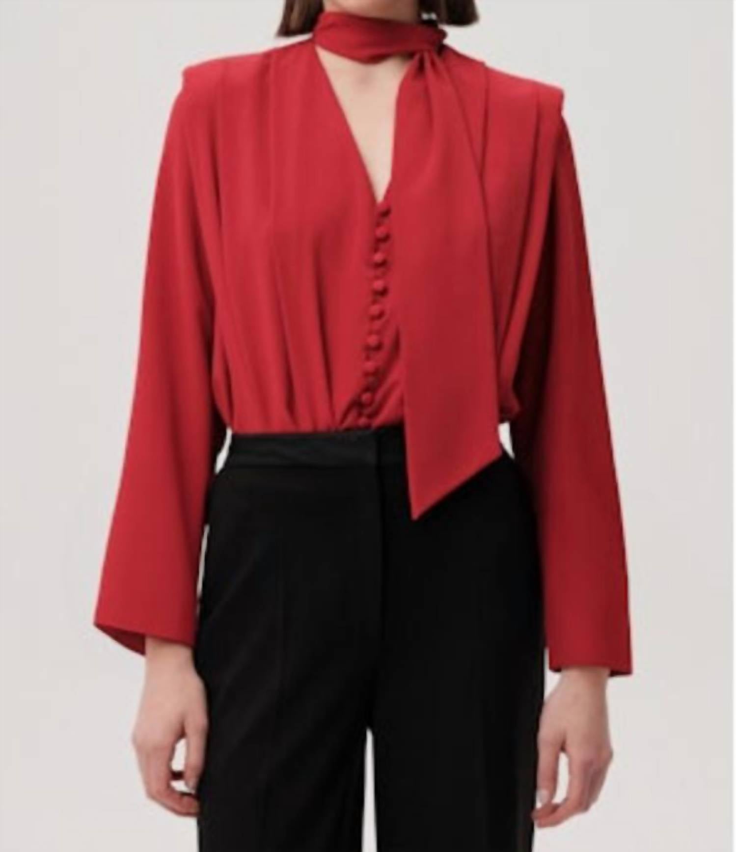 EXQUISE Sandy Long Sleeve Blouse in red - women's long sleeve top - detail view