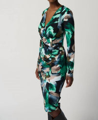 Joseph Ribkoff - Abstract Print Silky Knit Wrap Midi Dress With Ornament
