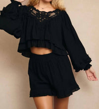 Le Lis - Lace Patch Lare Top With Ruffled Shorts Set