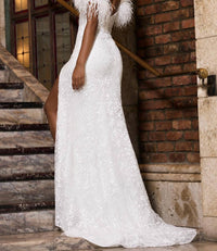 Sherri Hill Sequin Leaf Lace Embroidered Gown in ivory - women's dress - detail view