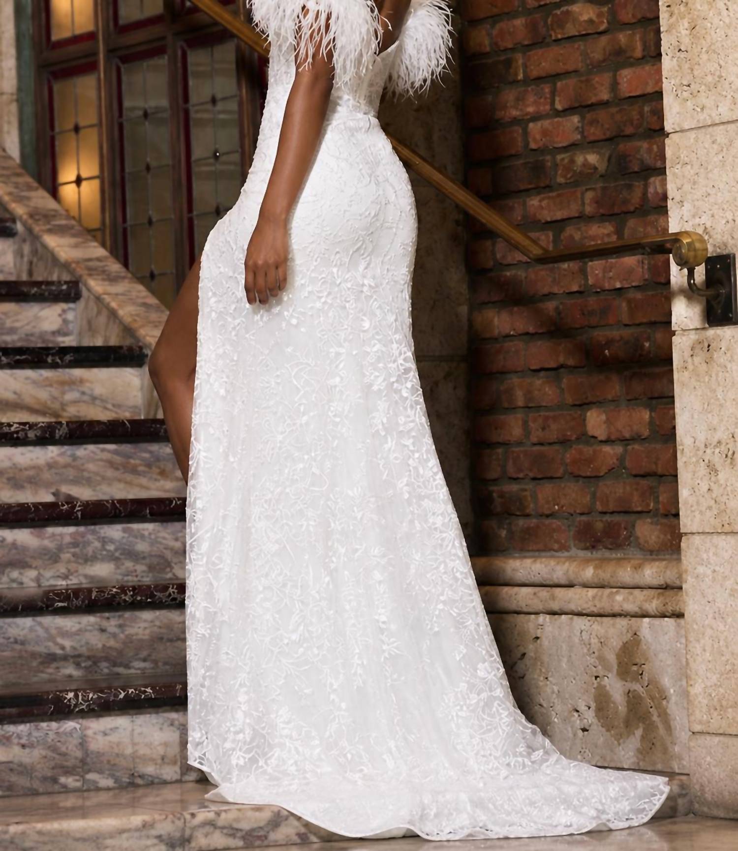 Sherri Hill Sequin Leaf Lace Embroidered Gown in ivory - women's dress - detail view