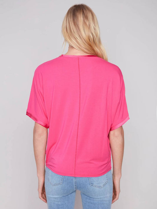 Charlie B - Short Sleeves Crew Neck Satin Jersey Dolman Top