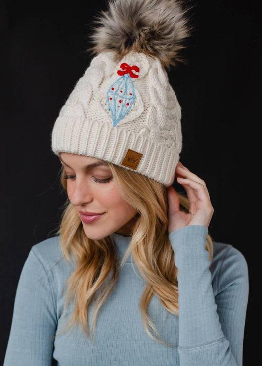 Panache Apparel - Women's Cable Knit Pom With Embroidered Ornament Hat