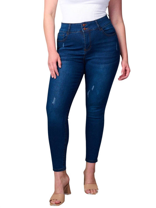 Wholesale Fashion Trends - Plus Size Button Closure Distressed Skinny Jeans