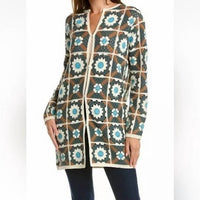Tyler Boe Crocheted Mid Length Cardigan Sweater in multicolor - women's cardigan - detail view