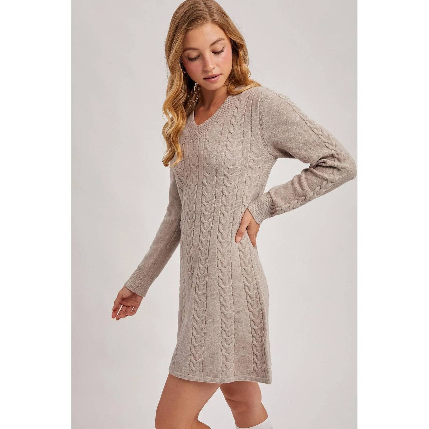 Bluivy - Cabel Knit V-neck Sweater Dress