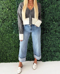 ELAN Two Tone V-neck Button Front Sweater in grey white - women's sweater