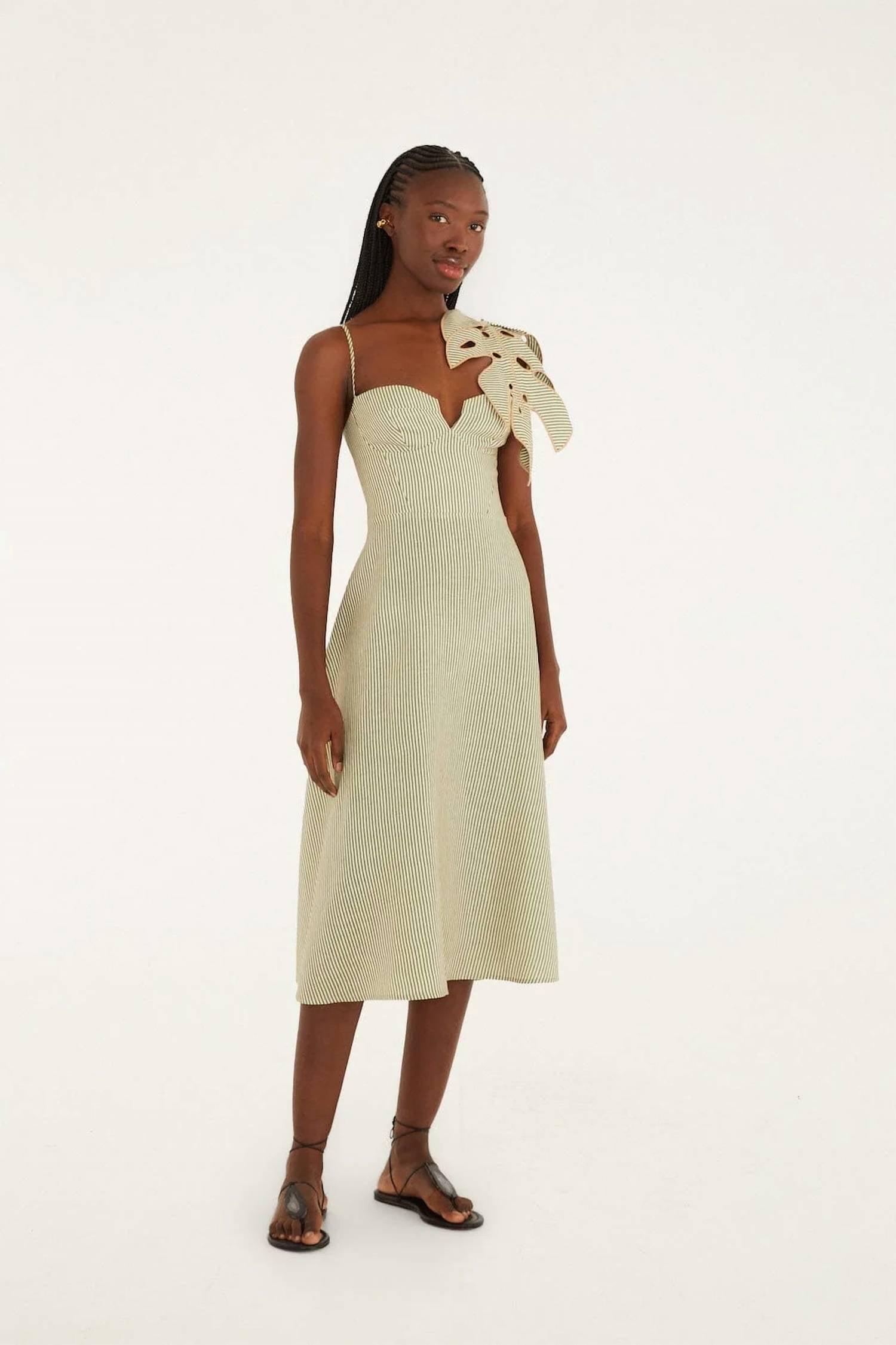 Farm Rio - Striped Monstera Leaf Midi Dress