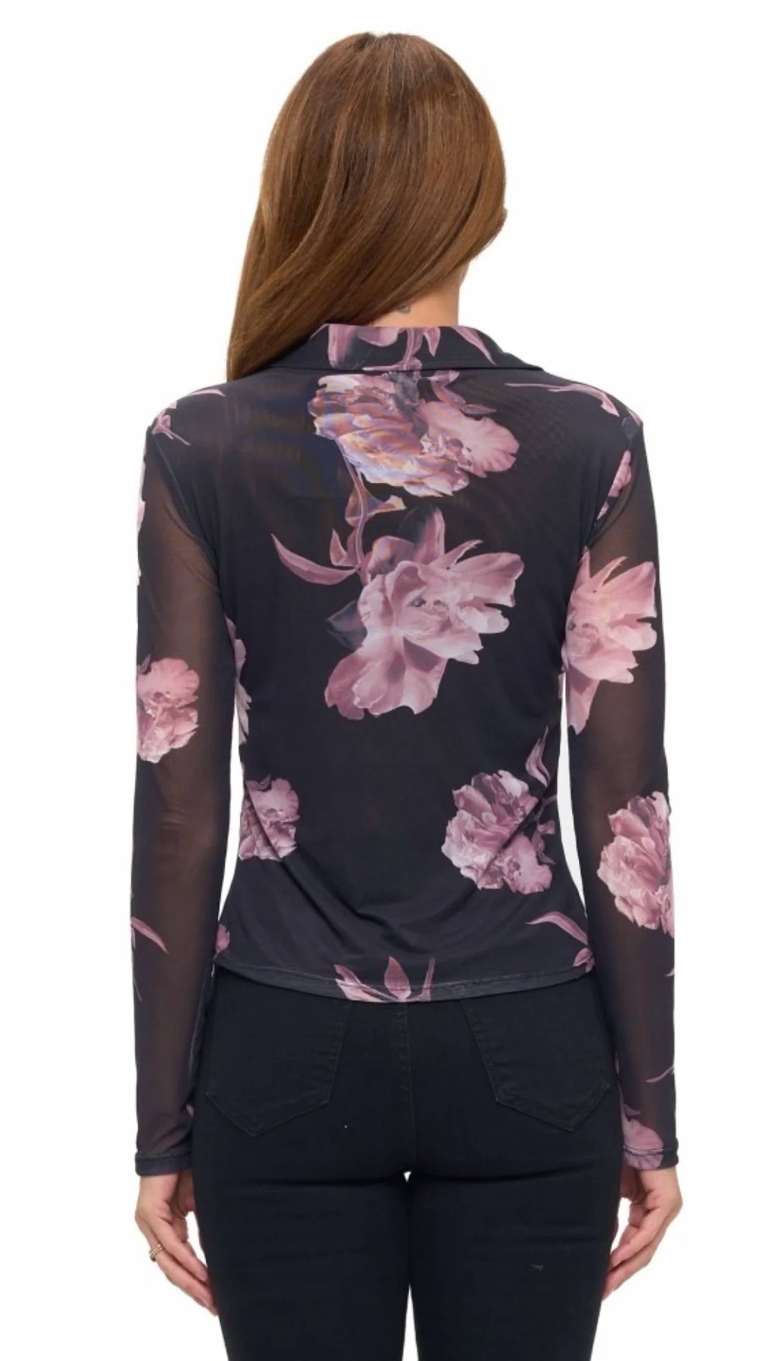 Ariella - Floral Collared Mesh Top
