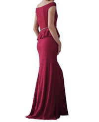 Jade Couture - Lace MOB Dress with Peplum & Portrait Neckline