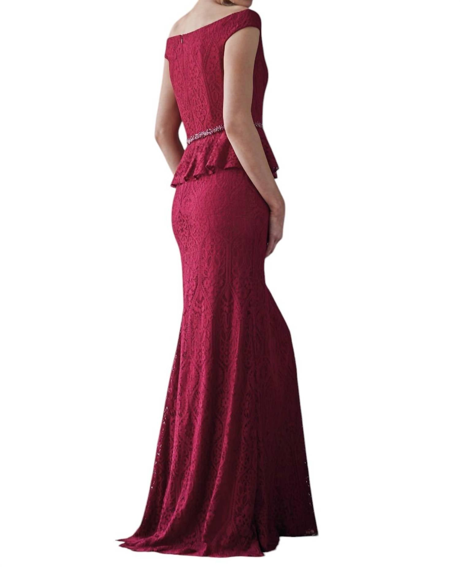 Jade Couture - Lace MOB Dress with Peplum & Portrait Neckline