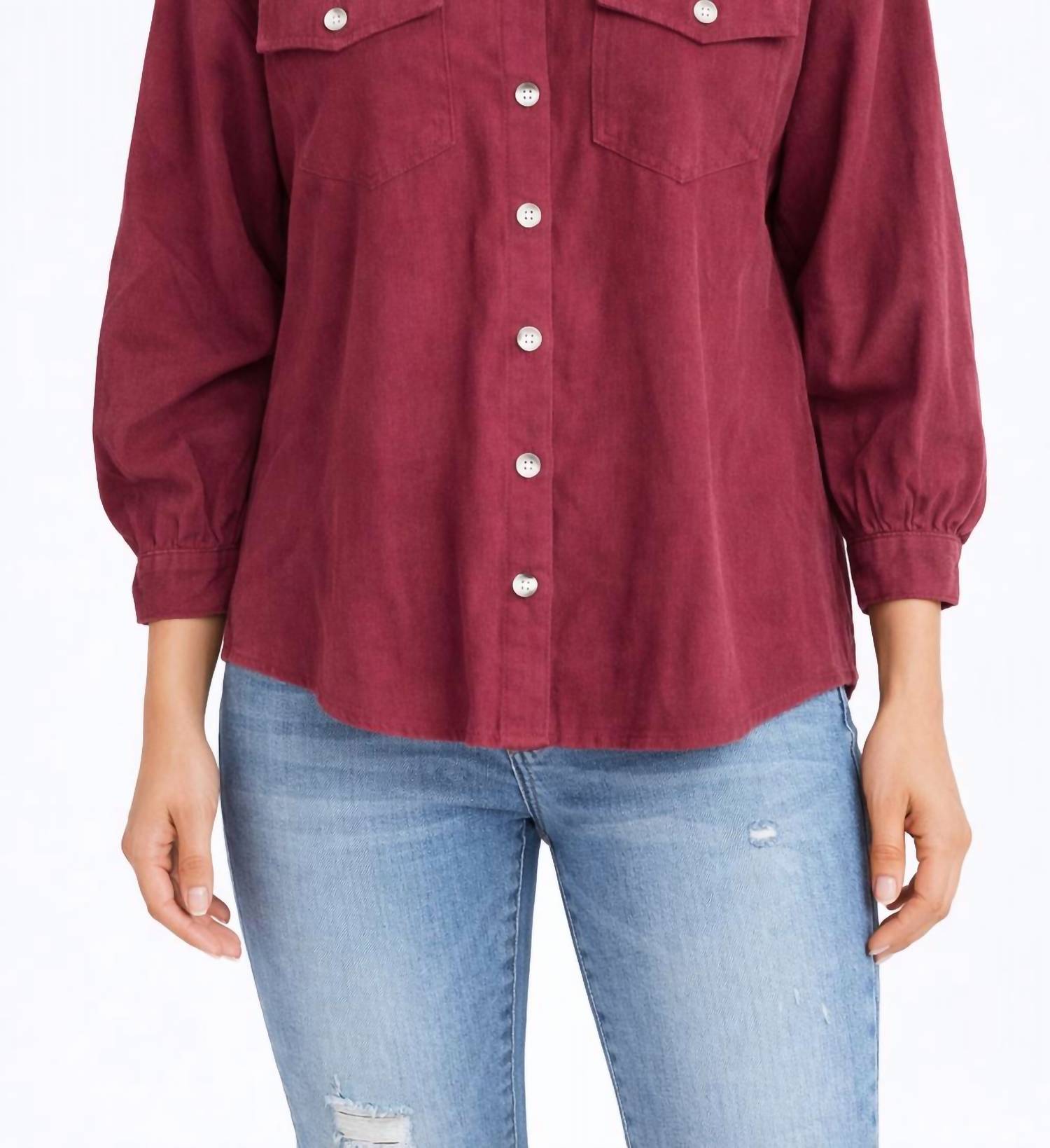 Cozy Casual CORDUROY BUTTON DOWN SHACKET in wine - women's shirt
