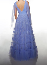 Alyce Paris - Long V-neckline Ruffled A-line Gown