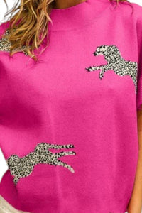 Bibi - LEOPARD PATTERN SHORT SLEEVE SWEATER TOP
