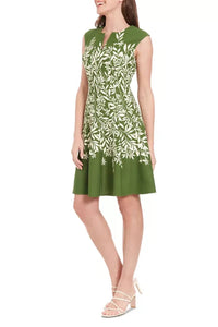 London Times - Leaf Print Cap Sleeve A-Line Dress
