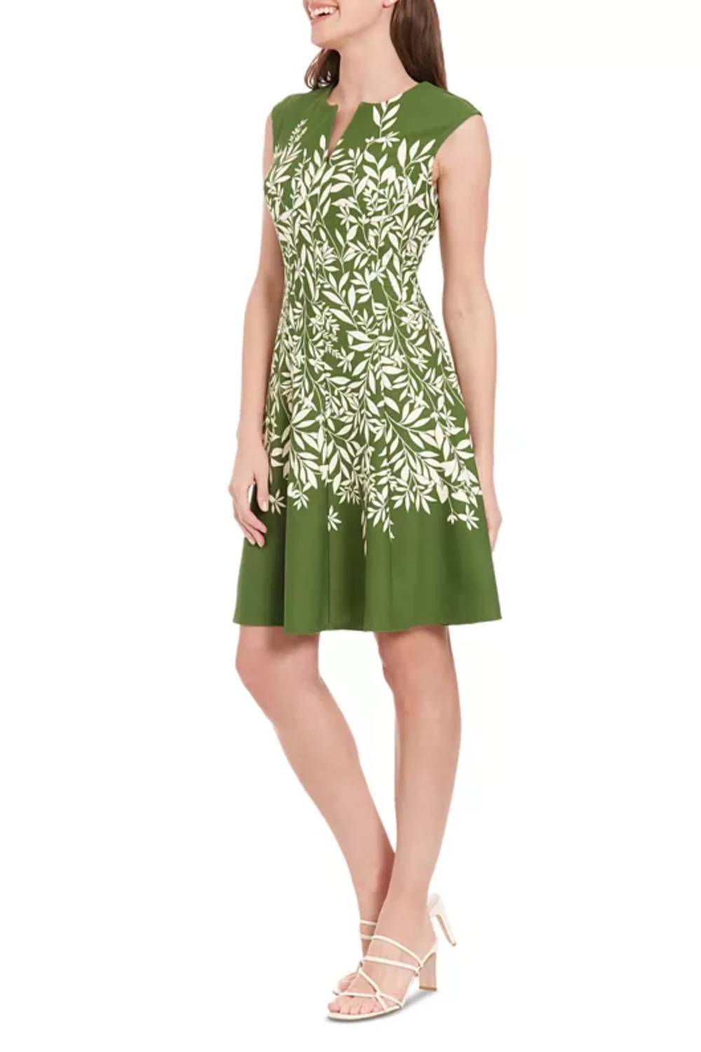 London Times - Leaf Print Cap Sleeve A-Line Dress