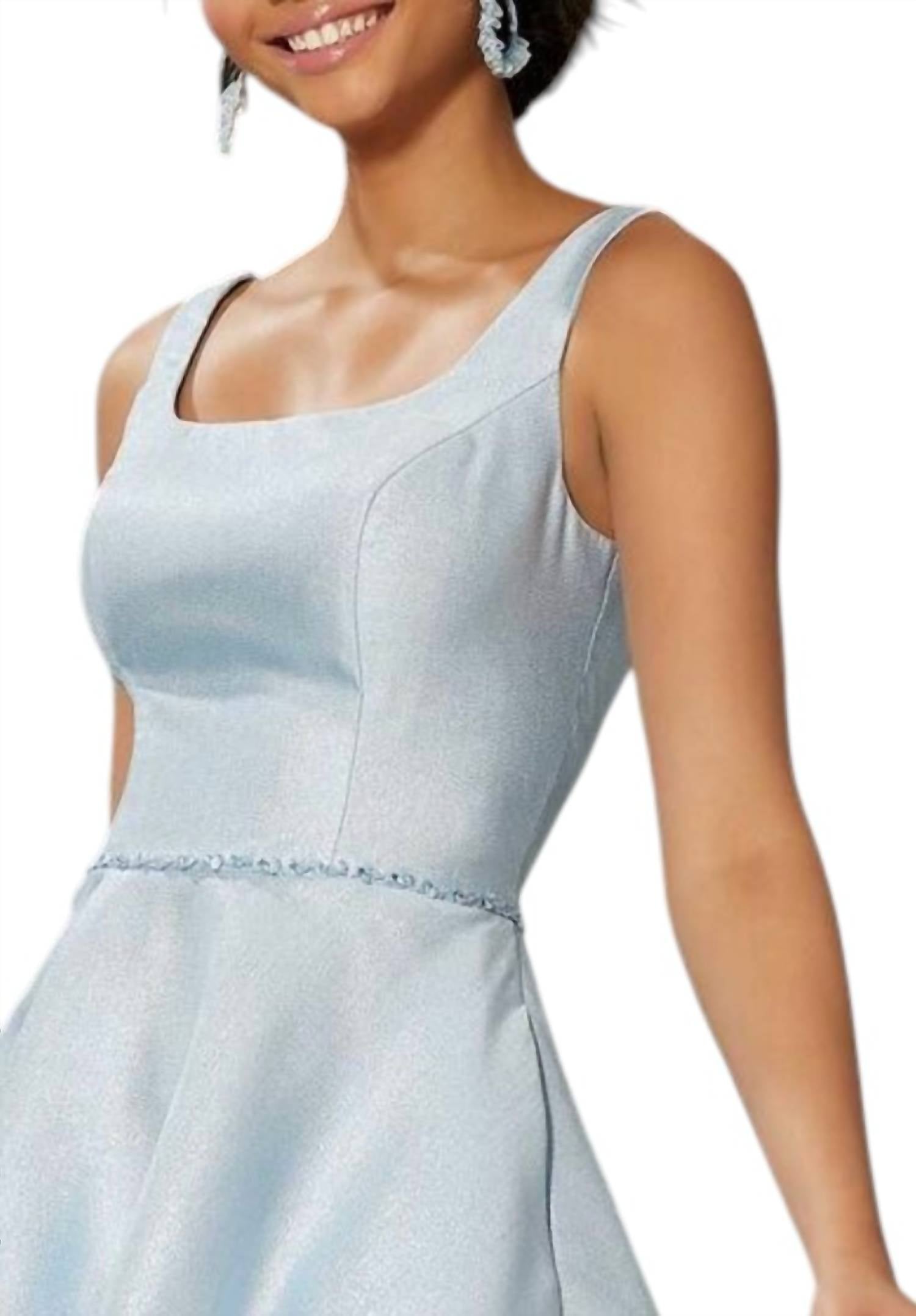 MORILEE Open Back Metallic Satin Party Dress in blue - women's dress - detail view