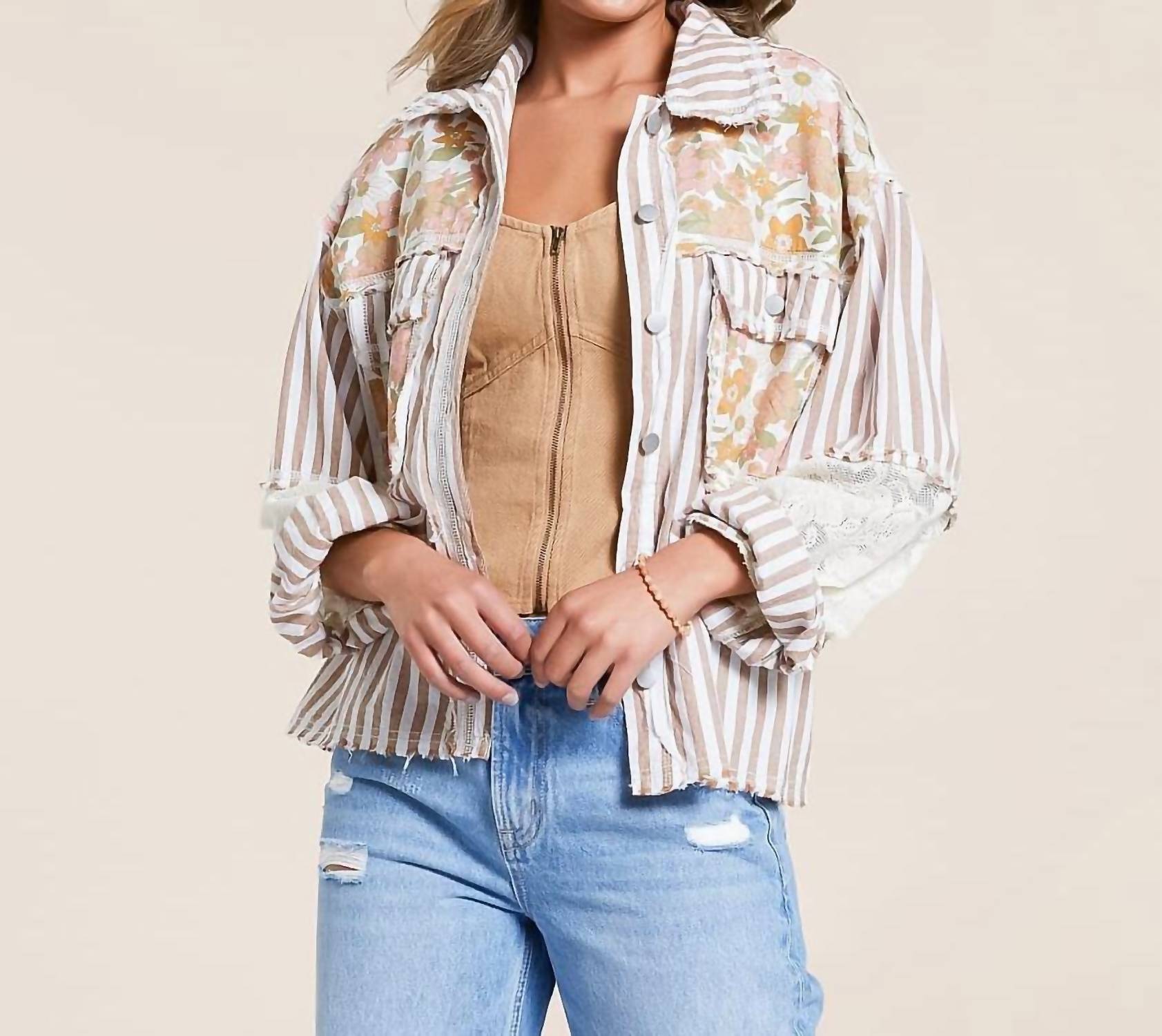POL Woven Floral Shirt in striped choco multi - women's long sleeve top