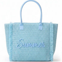 3Am By H&D Accessories - Women's Woven Straw Fringe Tote With Summer Embroidery & Gold Lurex