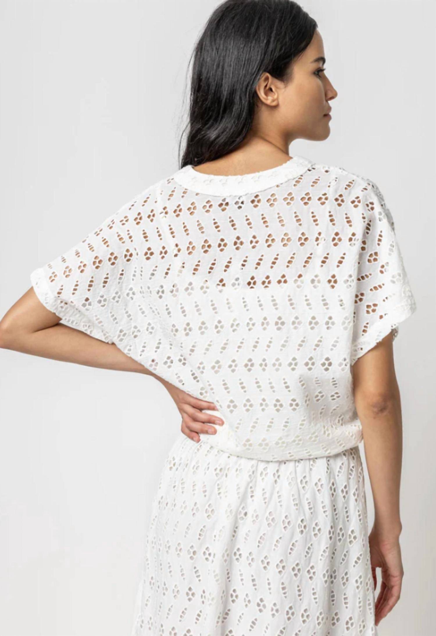 Lilla P - Eyelet Drawstring Dolman V-neck Top