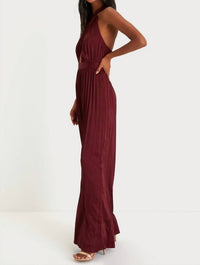 Lulus Women's Confident Impression Satin Pleated Halter Jumpsuit in burgundy - women's pants - alternate view