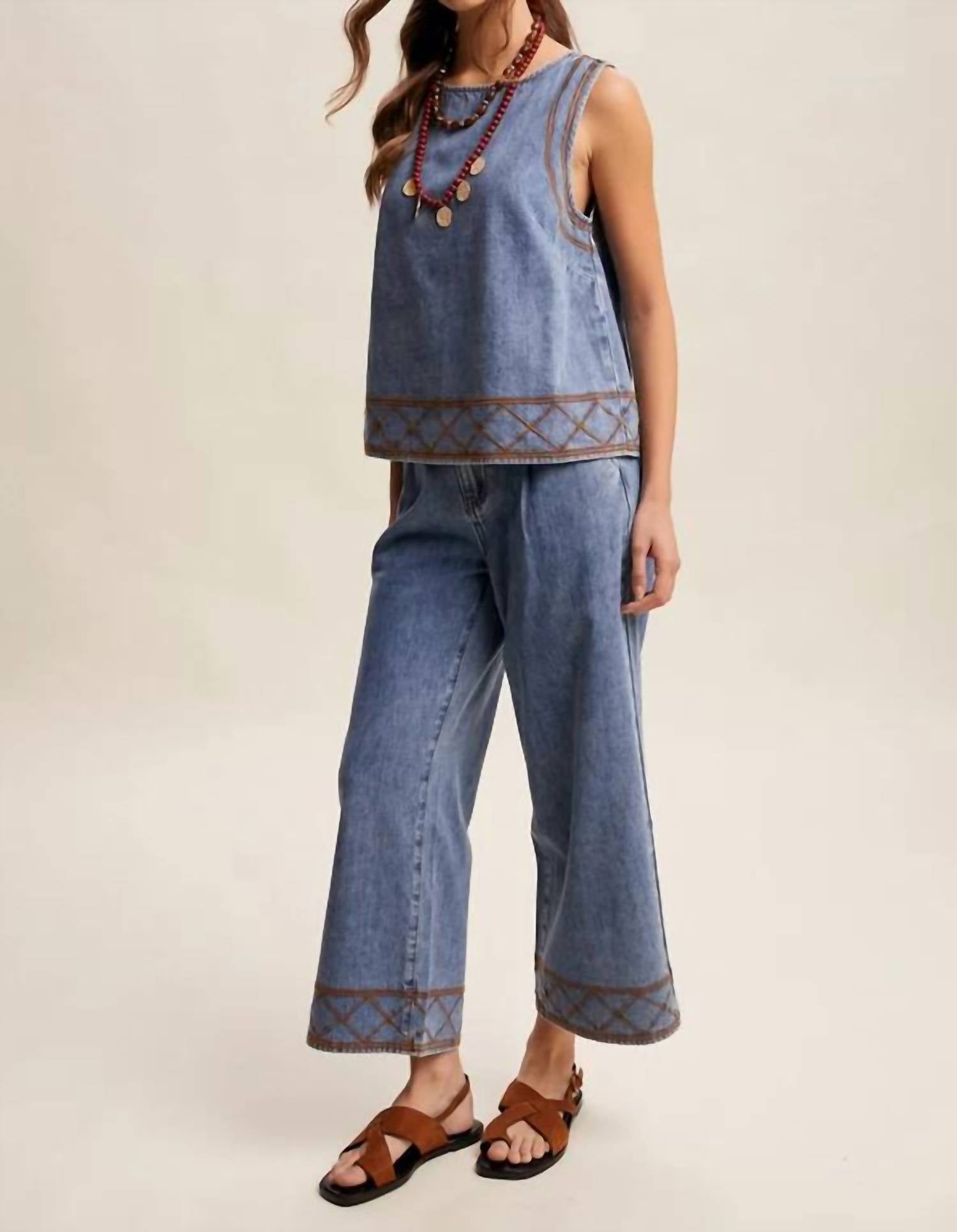 Listicle - Embroidered Denim Tank & Wide Leg Pant Set