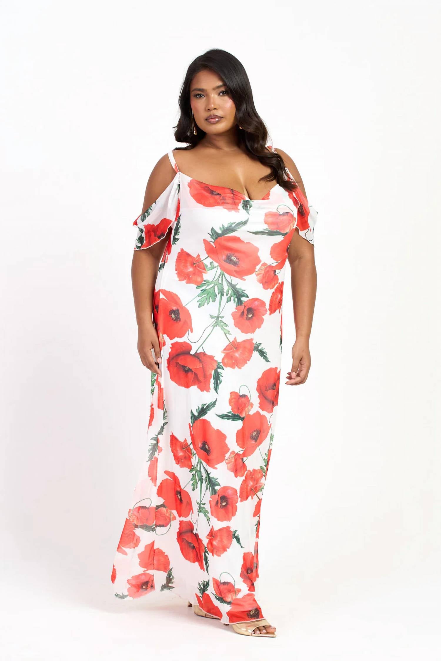 Fashion Szn Curve - Cold Shoulder Poppy Print Strappy Dress - Plus