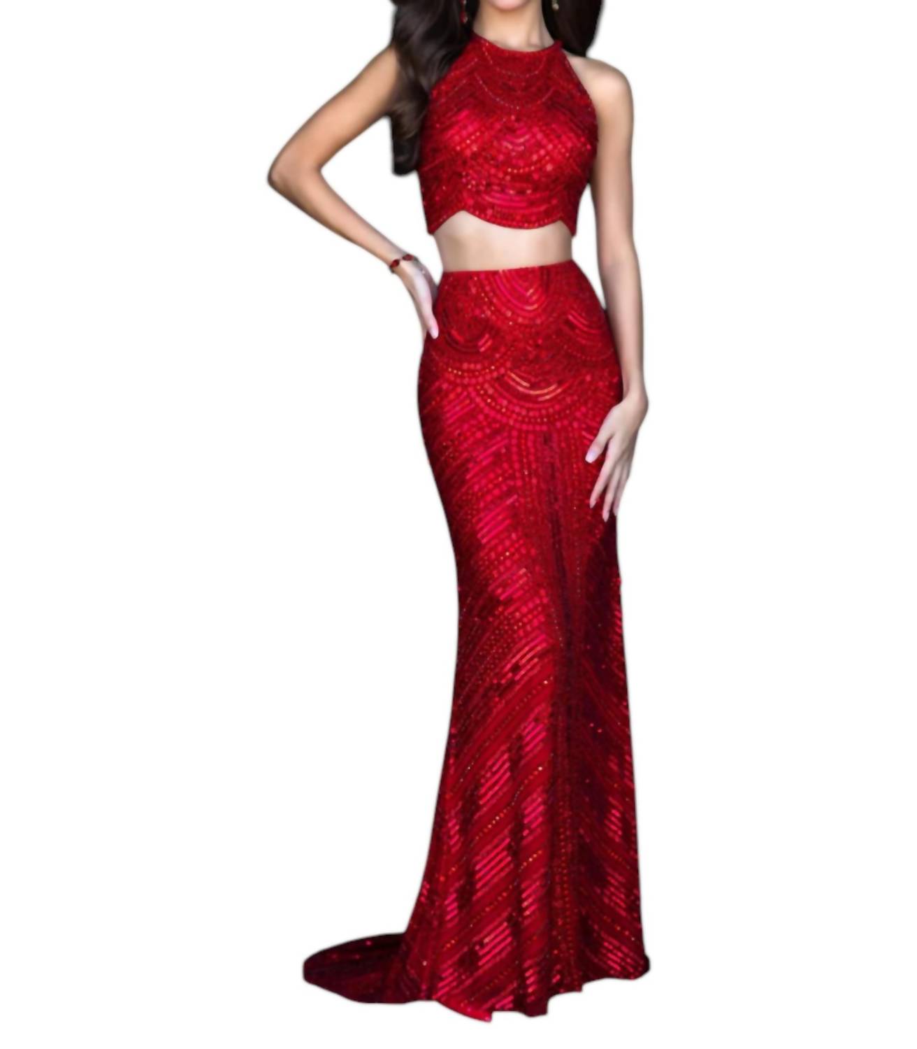Sherri Hill 2 Piece Fitted Sequin Prom Dress in red - women's dress