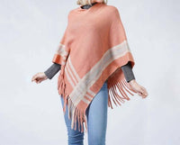 Judson & Co. - Knit Poncho With Contrast Detail And Tassel Fringe