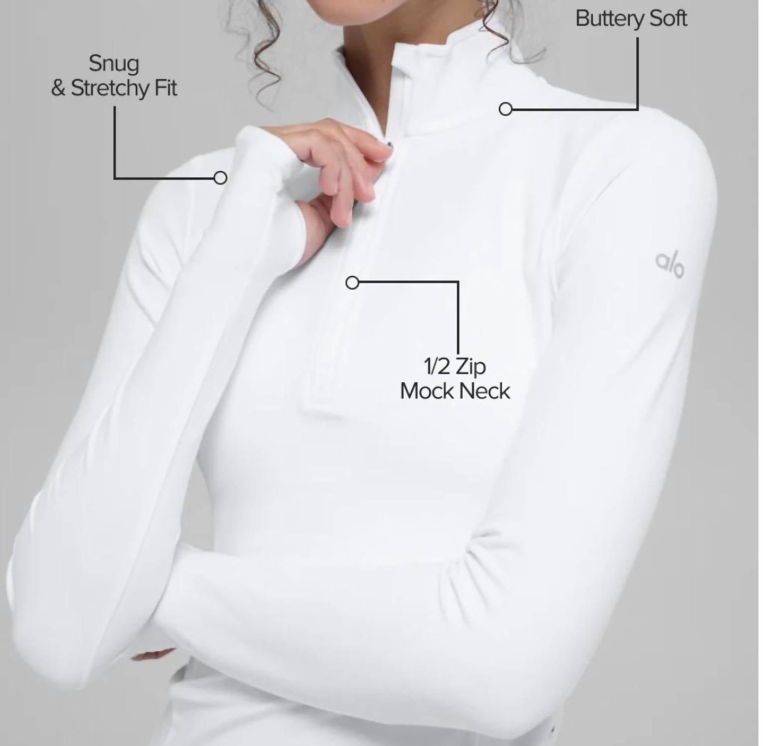 ALO YOGA AloSoft 1/2 Zip Rapid Pullover in white - women's jacket - detail view