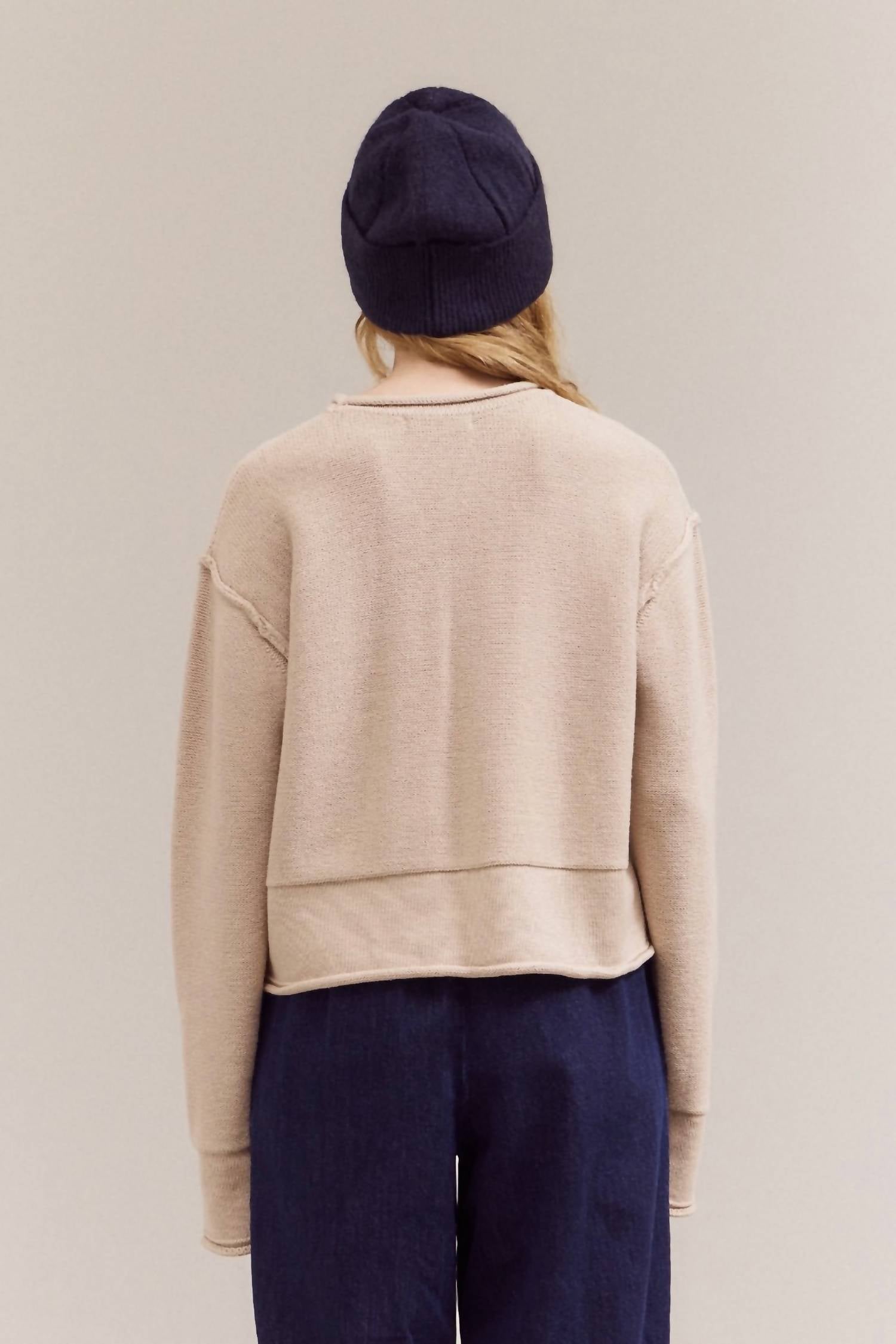 GRADE & GATHER Rolled Edge Detail Long Sleeve Top in parchment 1 - women's sweater - detail view