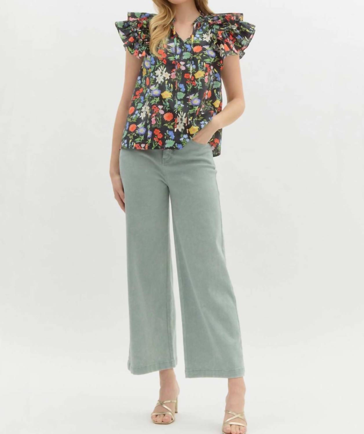 Entro - Floral Print Double Ruffle Top