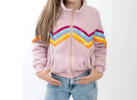 Tweenstyle - Rainbow Sequin Trim Zip Front Sherpa Jacket