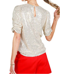 Vine & Love - Round Neck Puff Sleeve Elasticized Sequin Blouse