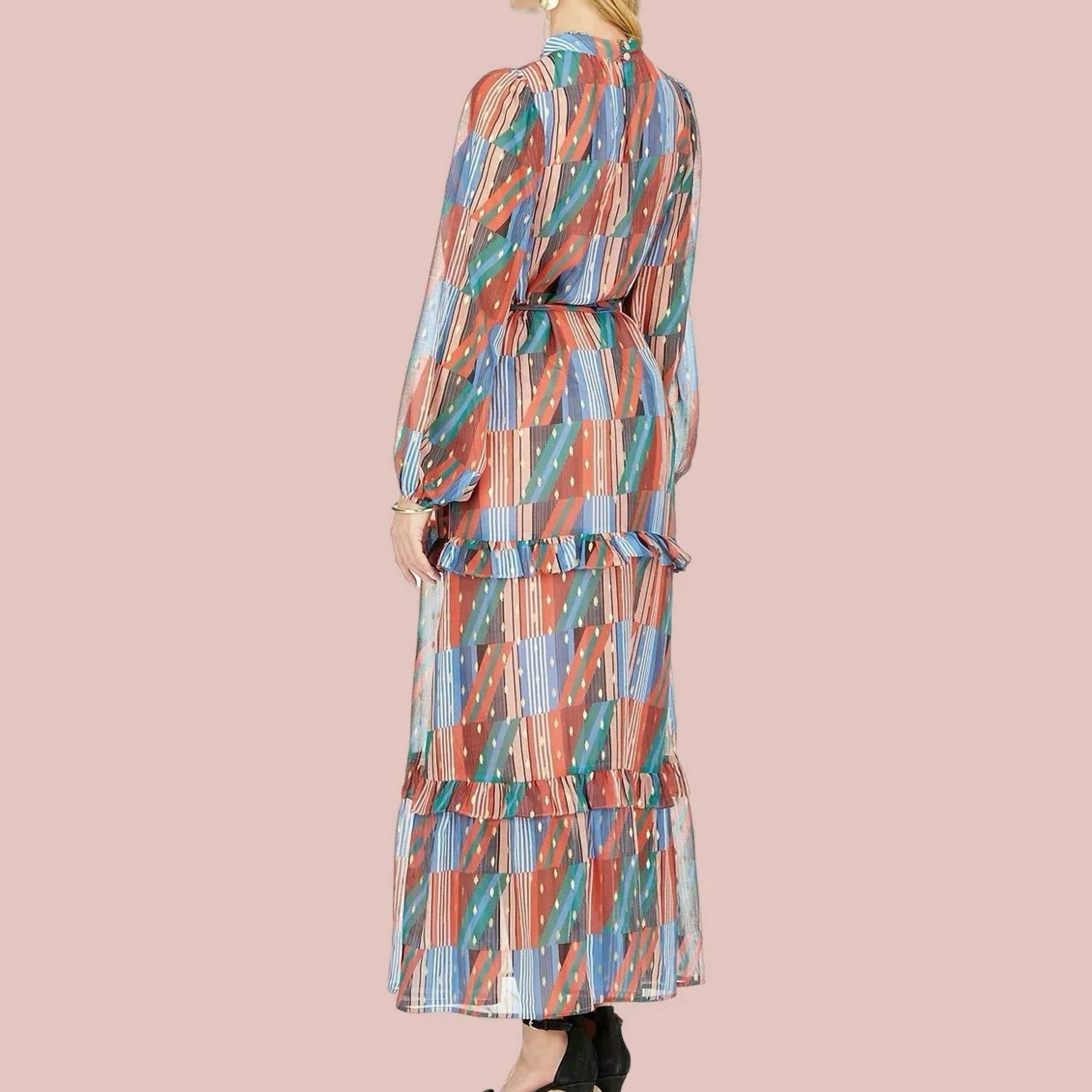 Joy Joy - Geo Stripe Ruffle Trim Column Dress