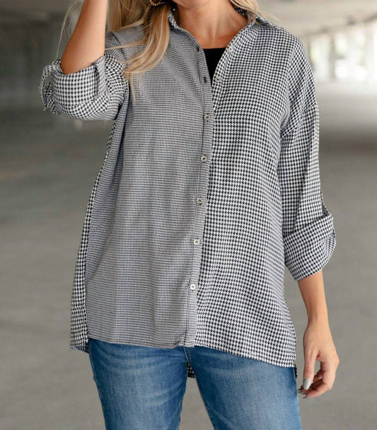 Mixed Houndstooth Button Up Top