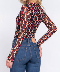Active Usa - Long Sleeve Printed Mesh Bodysuit