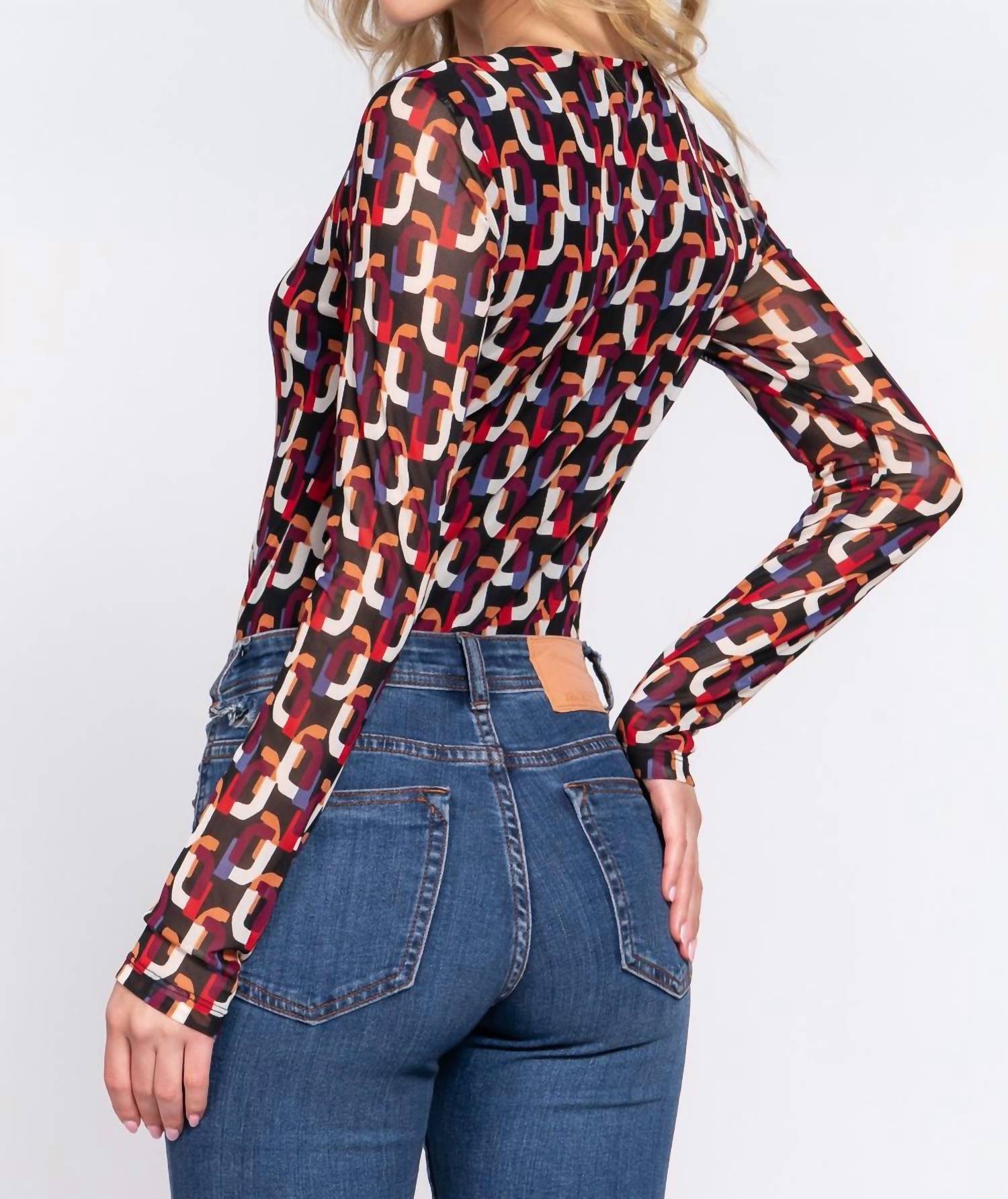 Active Usa - Long Sleeve Printed Mesh Bodysuit