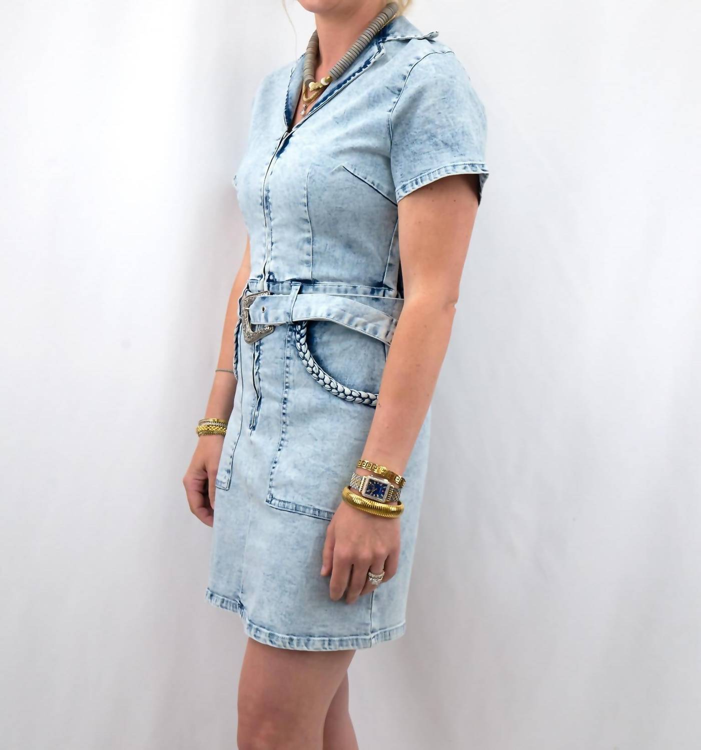 entro Denim Belted Dress in light blue - women's dress - detail view