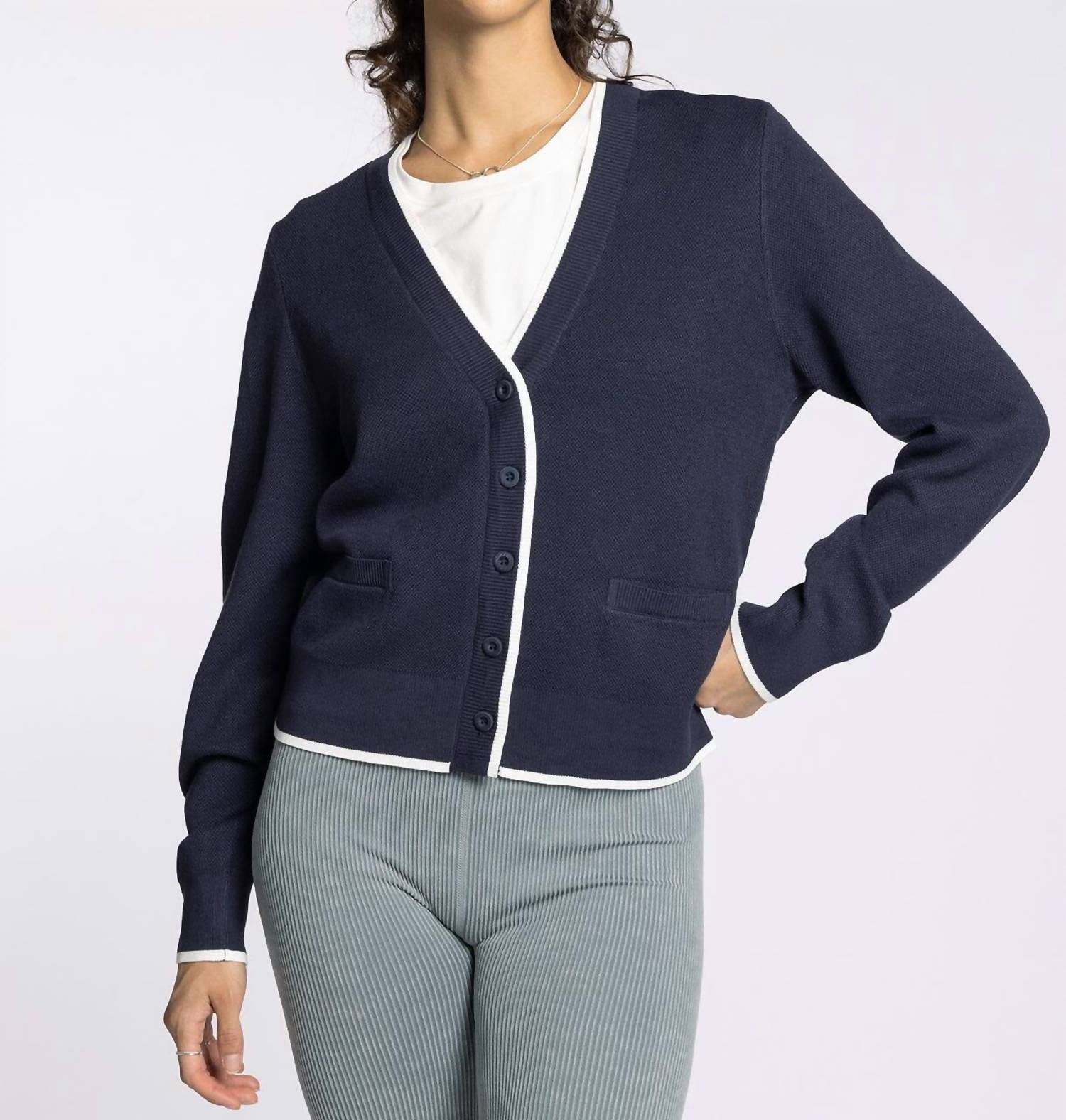 Thread & Supply Jessie Button Front Cardigan in charcoal blue hoc winter - women's cardigan - detail view
