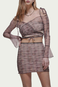 CUPID HEART-PRINT SHEER MESH CROPPED WRAP TOP