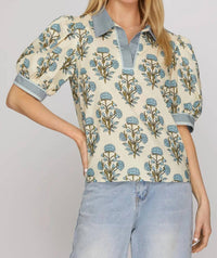 She + Sky - Floral Printed Collar Short Sleeve Blouse