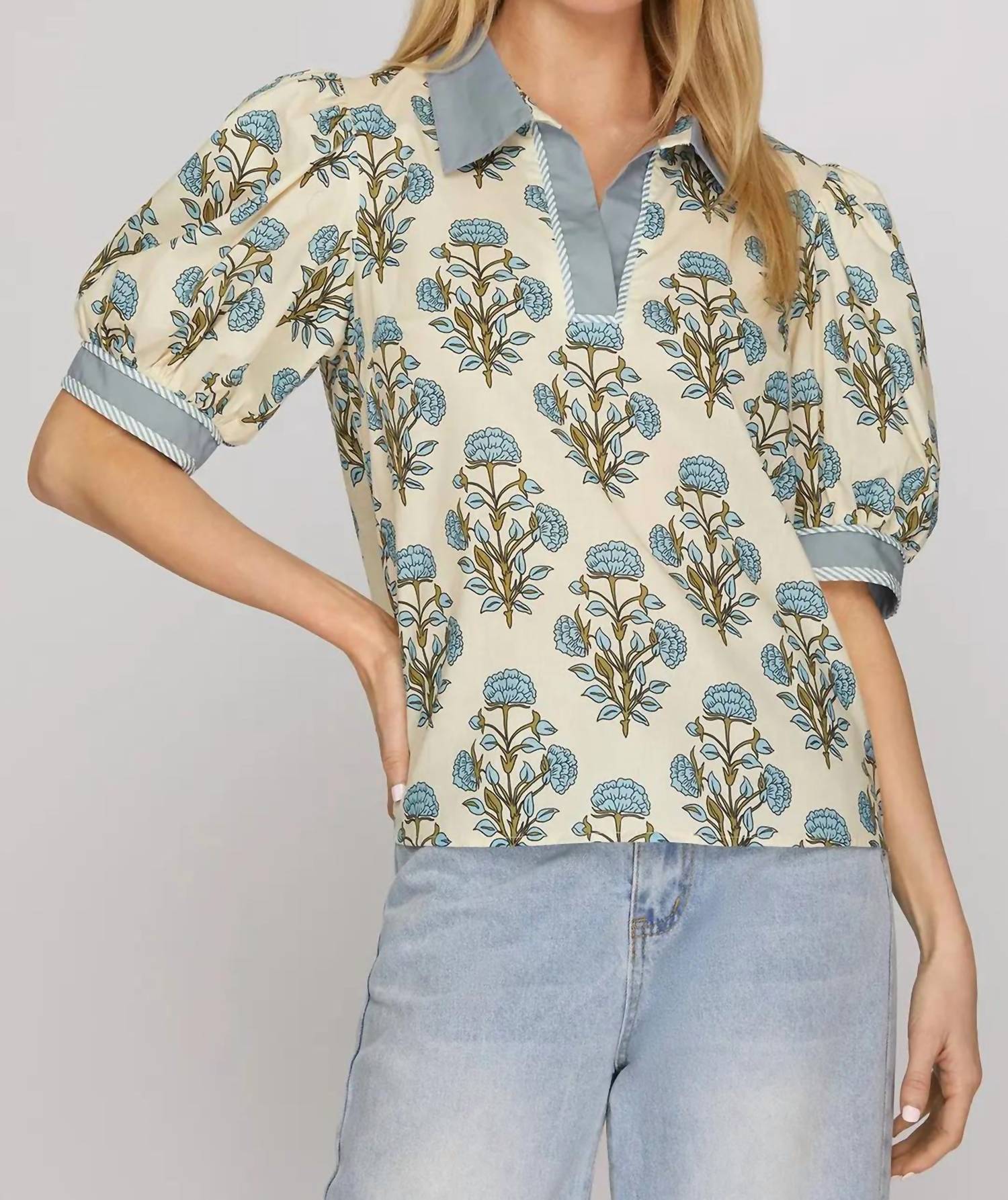 She + Sky - Floral Printed Collar Short Sleeve Blouse