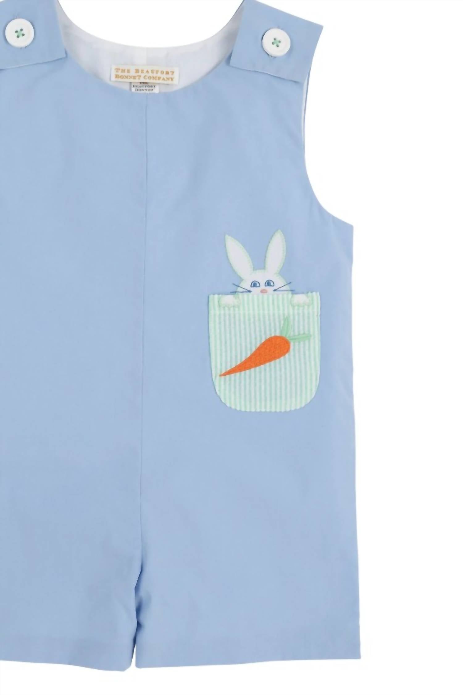 The Beaufort Bonnet Company Kids Jack Keene Jon Jon Onesies in beale street blue bunny applique - kids' item - detail view