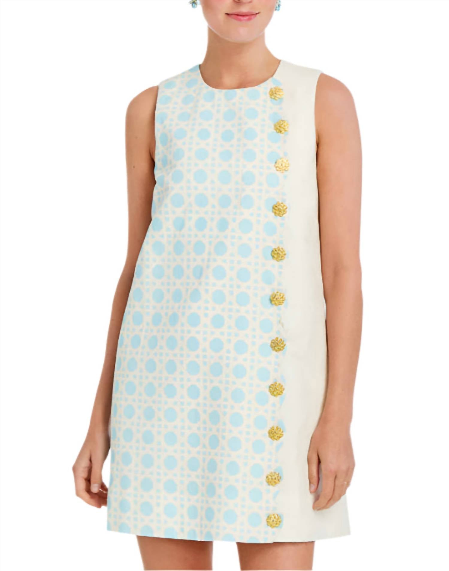 Mestiza New York Scallop Mini Dress in blue and ivory - women's dress - detail view