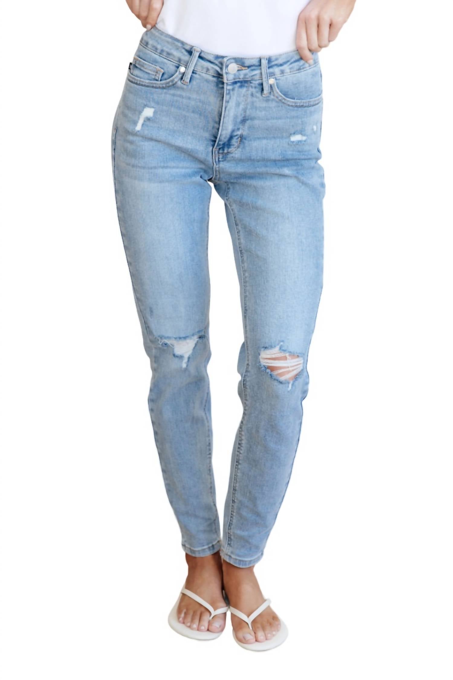 Judy Blue - Mid Rise Control Top Distressed Skinny Jeans