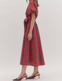entro Plaid Puff Sleeve Midi Dress in red - women's dress - detail view