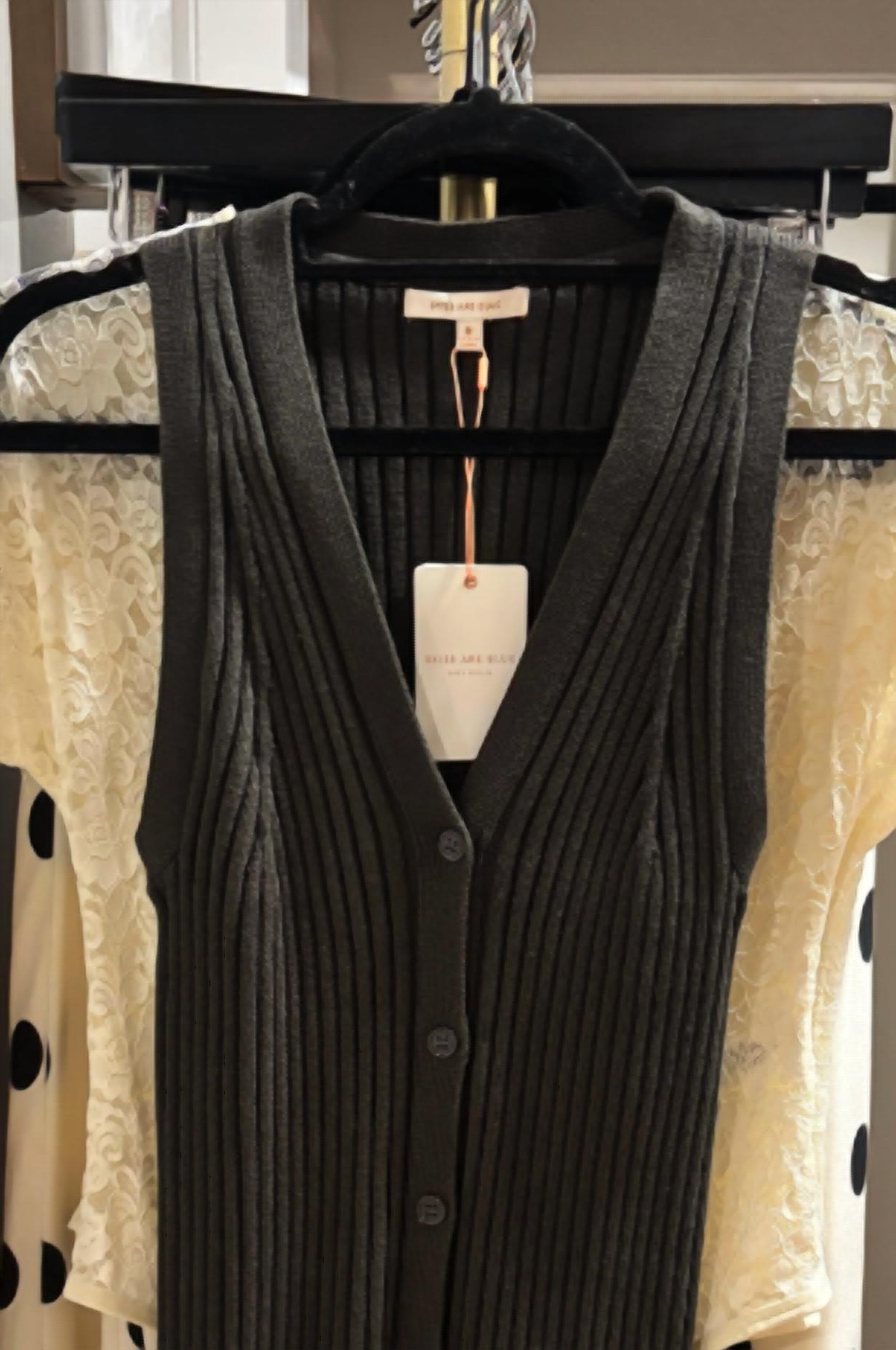 SKIES ARE BLUE Women's Sleeveless Button Down Sweater Vest in olive tree - women's jacket - detail view