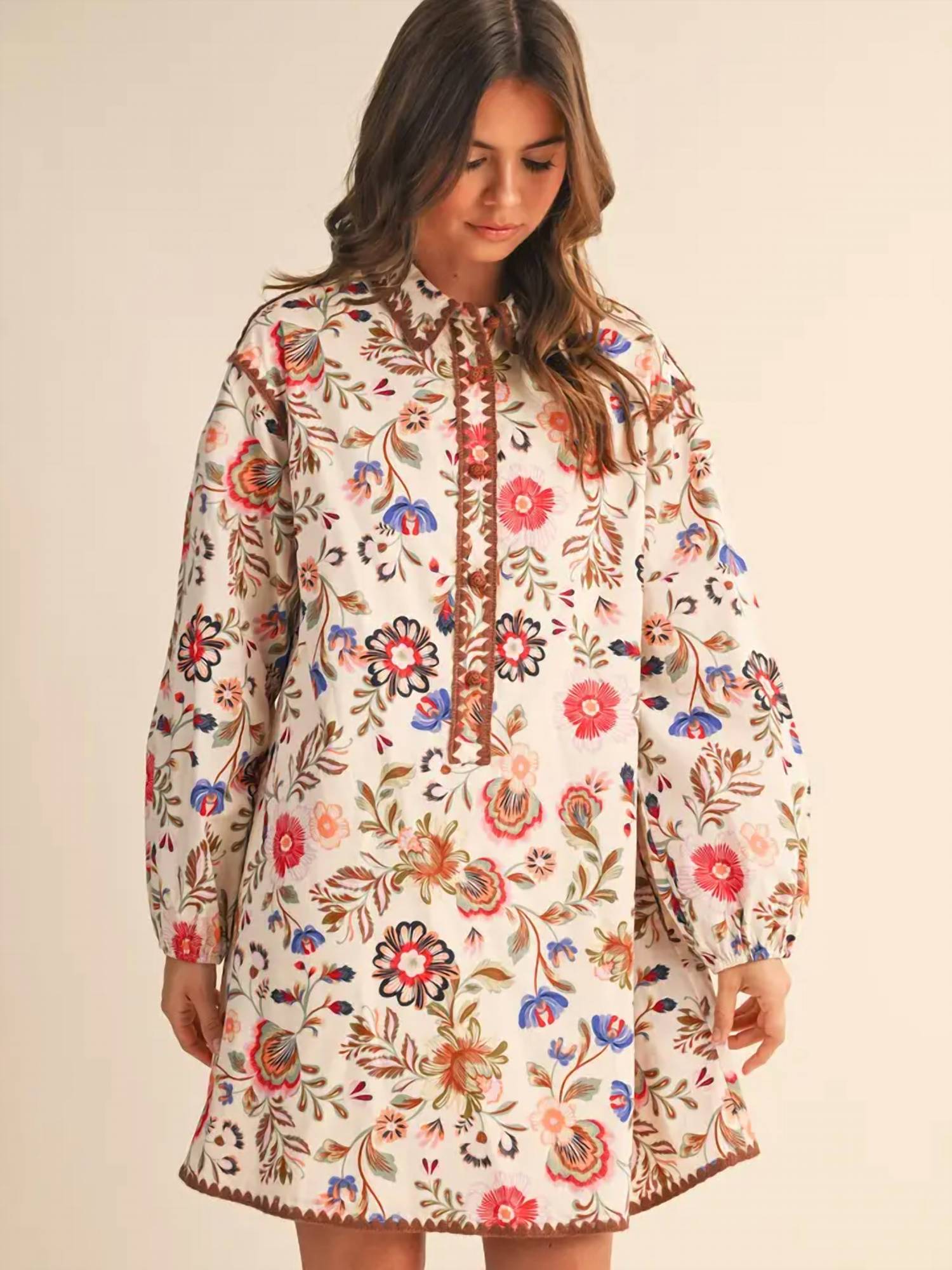 &Merci - Exclusive Print Blanket Stitch Buttoned Mini Dress