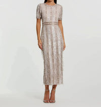 Mac Duggal - High Neck Short Sleeve Crystal Fringe Sheath Dress